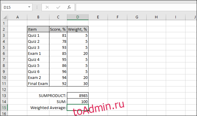 В таблице Excel теперь отображается значение SUM.
