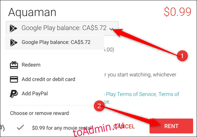 По умолчанию сначала используется баланс Google Pay. Если вы хотите его изменить, щелкните раскрывающееся меню, выберите способ оплаты и нажмите «Аренда».