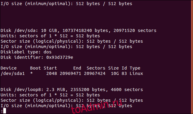 output from fdisk in a terminal window