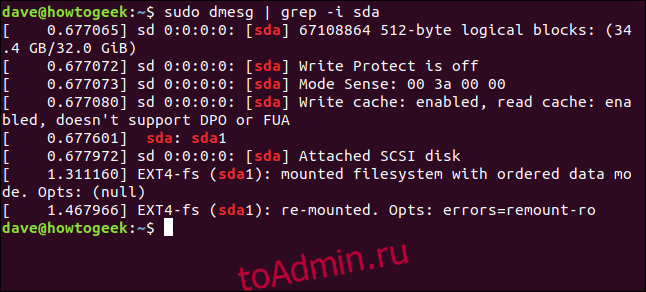 вывод sudo dmesg | grep -i sda в окне терминала