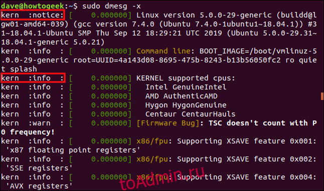 Вывод sudo dmesg -x в окне терминала