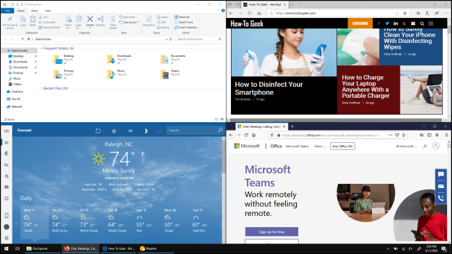 Четыре окна, каждое из которых занимает четверть экрана в Windows 10,