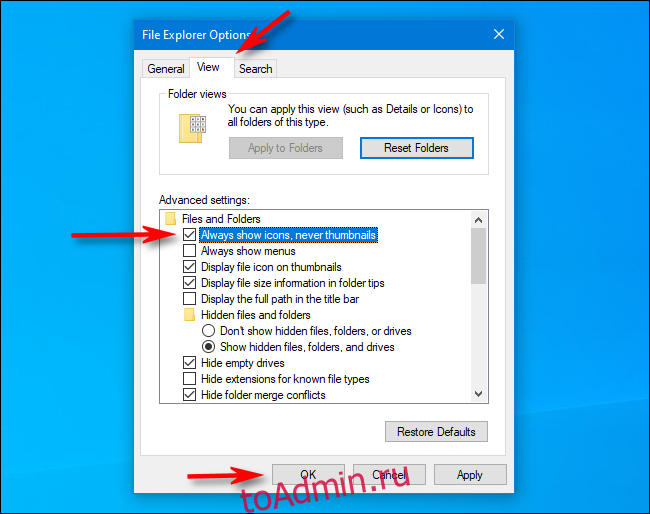 Установите флажок Всегда показывать значки вместо эскизов в параметрах проводника в Windows 10.
