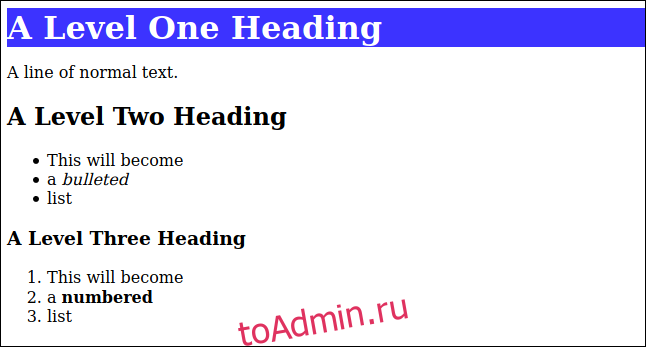 HTML-код, отображаемый из уценки со стилем CSS, примененным к заголовку первого уровня в окне браузера.