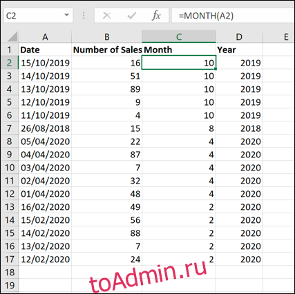 Пример набора данных Excel, отсортированного по месяцам с использованием формулы МЕСЯЦ и функции сортировки