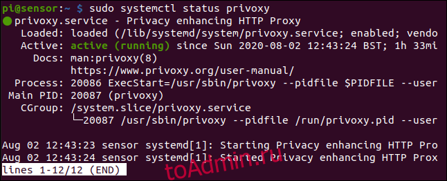 sudo systemctl status privoxy в окне терминала.
